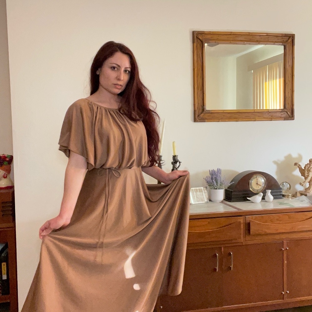 🍁 Fall 1970’s vintage bronze maxi angelic disco Fairy Dress S small petite 70’s - Picture 4 of 7